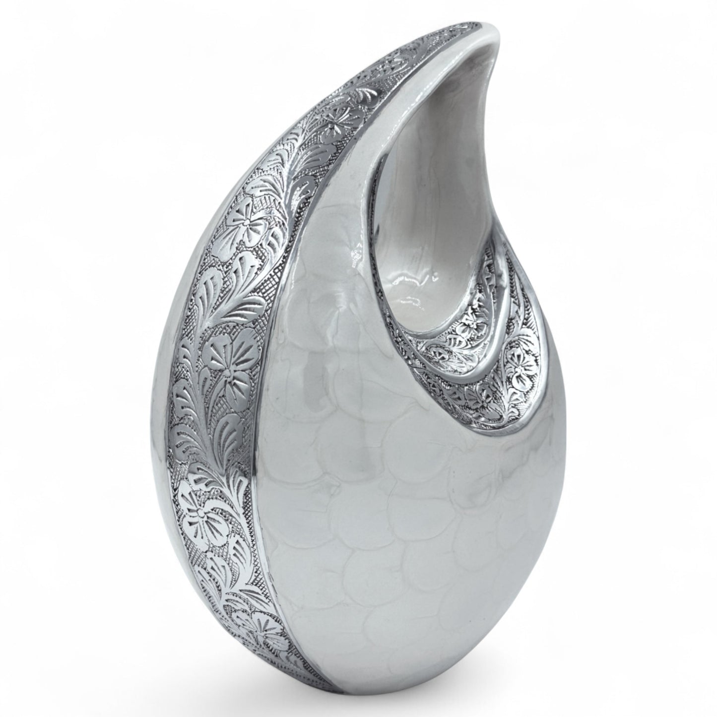 White Teardrop Cremation Urn with Engraved Silver Floral Detail – Personalized Adult Memorial Urn for Human Ashes – Elegant Funeral Urn with Velvet Bag