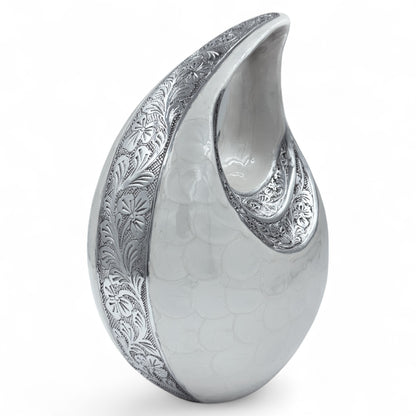 White Teardrop Cremation Urn with Engraved Silver Floral Detail – Personalized Adult Memorial Urn for Human Ashes – Elegant Funeral Urn with Velvet Bag