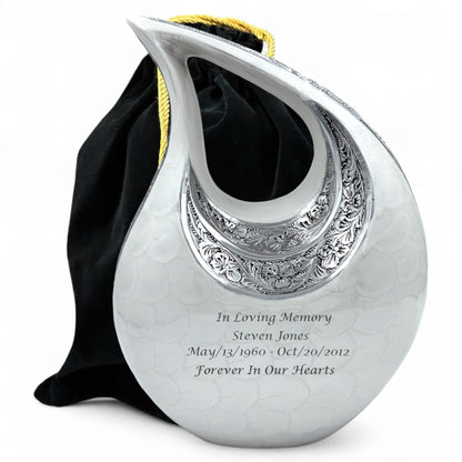 White Teardrop Cremation Urn with Engraved Silver Floral Detail – Personalized Adult Memorial Urn for Human Ashes – Elegant Funeral Urn with Velvet Bag
